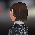 Traditional Japanese Character In Kimono With Short Hair Floral Hairpin Front Side View