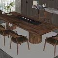 Elegant Modern Tea Room Interior With Long Wooden Table Chairs Plants Cabinets And Scenic View