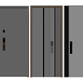 Modern Security Door Designs With Sleek Gray Finish Vertical Stripes And Wooden Frame