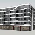 Modern Industrial Factory Building With Multi Storey Glass Windows And Red Entrance Landscaping