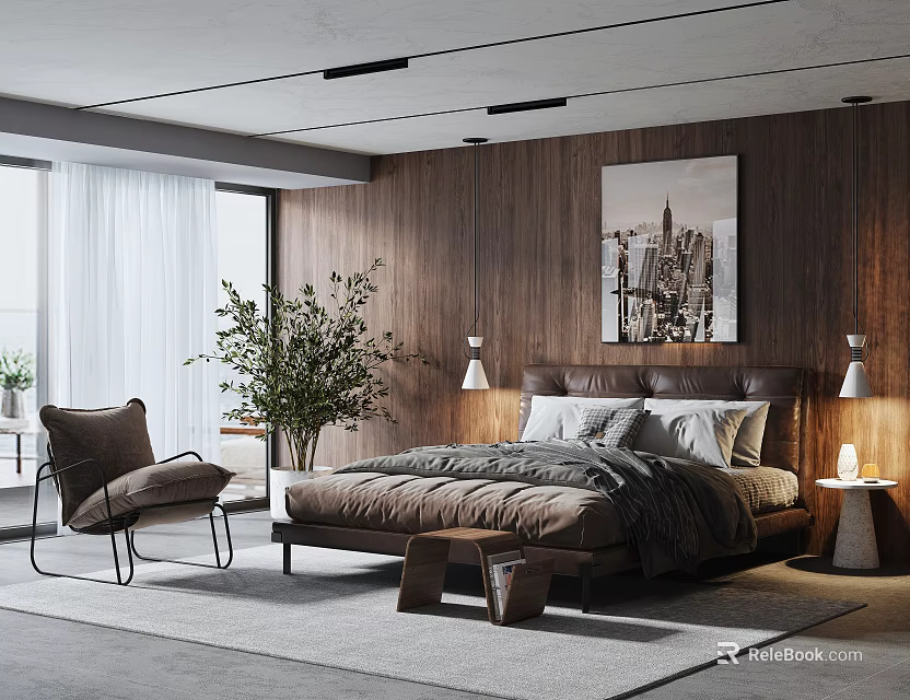 Modern Bedroom With Wooden Walls Bedside Tables Table Lamps Accent Chair Potted Plant And Large Window 3d model 