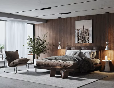 Modern Bedroom With Wooden Walls Bedside Tables Table Lamps Accent Chair Potted Plant And Large Window 3d model
