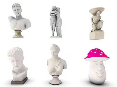 Various Sculptures Including Classical Busts Human Figures And Cartoon Mushroom Design Artworks 3d model