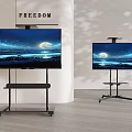 Two TVs on Black Mobile Stands Showing Starry Sky with Moon and FREEDOM Text