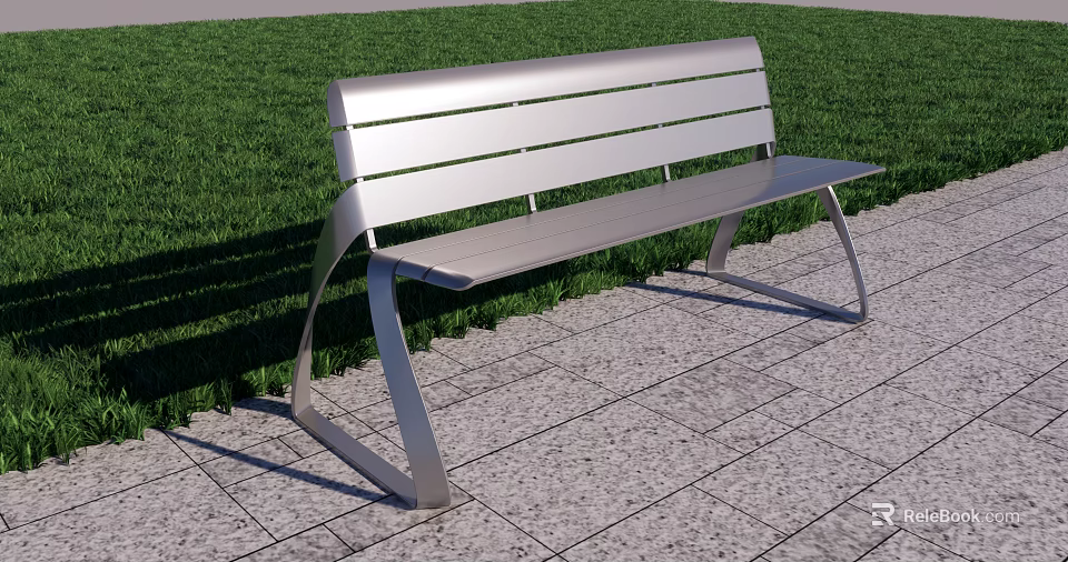 Silver Metal Outdoor Chair With Modern Design On Tiled Ground And Grass Background 3d model 