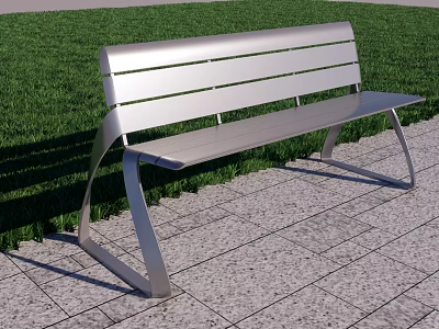 Silver Metal Outdoor Chair With Modern Design On Tiled Ground And Grass Background 3d model