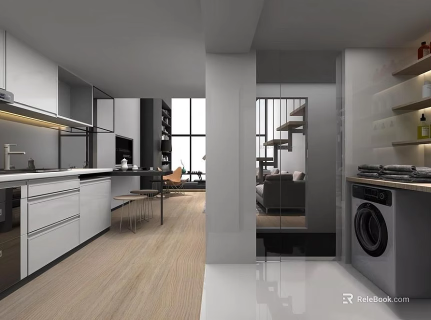 Modern Apartment Interior With Open Layout Kitchen Living Room Natural Light And Wooden Flooring 3d model 
