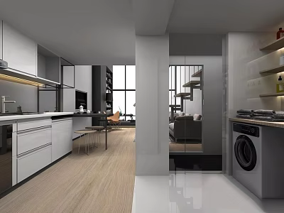 Modern Apartment Interior With Open Layout Kitchen Living Room Natural Light And Wooden Flooring 3d model