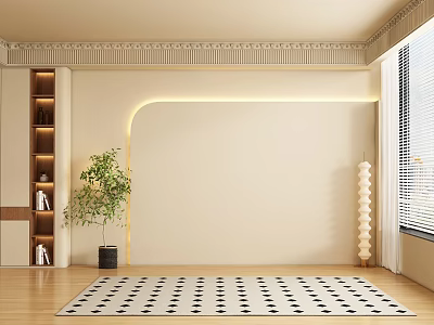 Beige Background Wall With Arched Light Strip Decorative Cornice Wooden Bookshelf And Green Plant 3d model