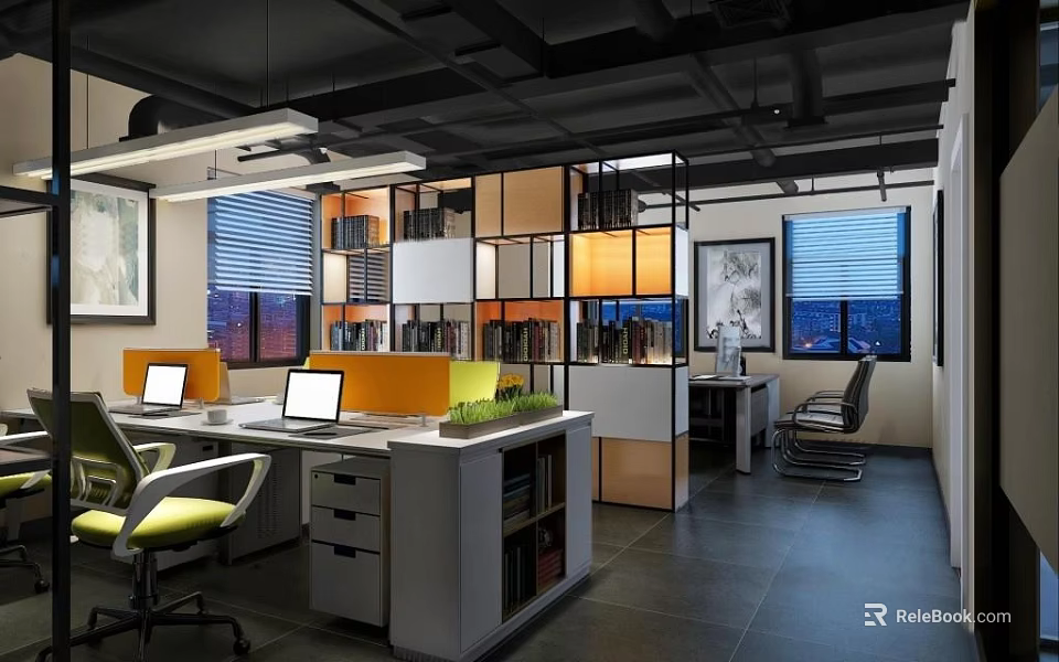 Modern Public Office Space With Open Layout Workstations Computers And Bookshelves 3d model