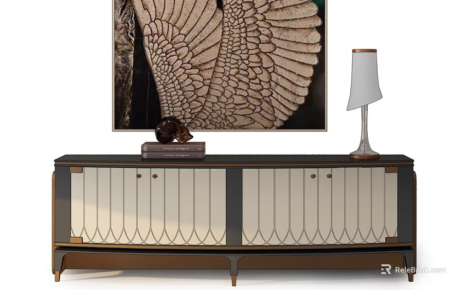 Modern TV Stand with Black and White Finish Curved Doors Artwork Lamp and Decor 3d model 