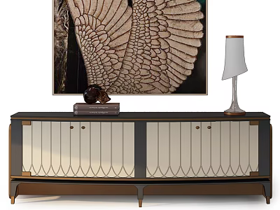 Modern TV Stand with Black and White Finish Curved Doors Artwork Lamp and Decor 3d model