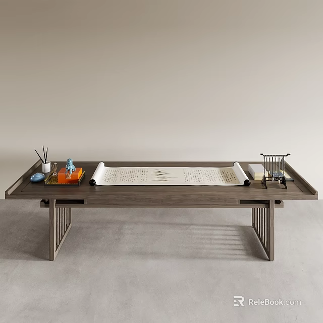Solid Wood Tea Table with Scroll Tea Set and Simple Chinese Design 3d model
