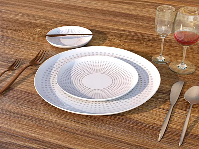 Elegant Kitchenware With White Dotted Plates Forks Knife Spoon And Wine Glasses On Wooden Tabletop 3d model