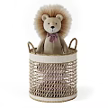Adorable Lion and Elephant Plush Toys Sitting in Wicker Baskets with Pom Pom Trim