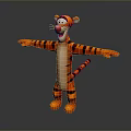 Cartoon Tiger 3D Model with Orange Black Stripes White Belly Open Arms Standing Pose