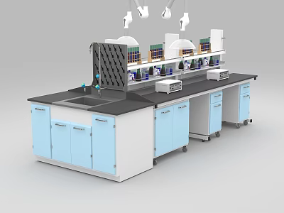 Laboratory Functional Table With Blue Cabinets Black Countertop Faucet And Ventilation Hoods 3d model