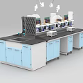 Laboratory Functional Table With Blue Cabinets Black Countertop Faucet And Ventilation Hoods