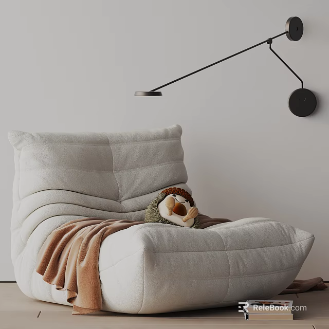 Soft Light Gray Upholstered Leisure Chair With Warm Blanket And Small Stuffed Toy For Cozy Living Space 3d model 