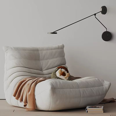 Soft Light Gray Upholstered Leisure Chair With Warm Blanket And Small Stuffed Toy For Cozy Living Space 3d model