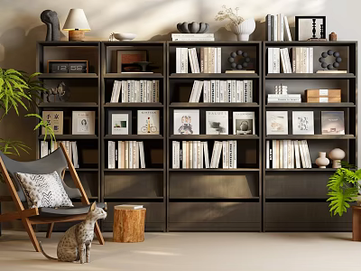 Dark Layered Bookshelf With Books Decorative Items Comfy Chair Green Plant And Cat 3d model