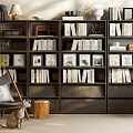 Dark Layered Bookshelf With Books Decorative Items Comfy Chair Green Plant And Cat