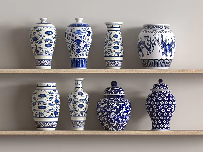 Blue and White Decorative Vases on Wooden Shelves with Floral Dragon Patterns and Various Designs 3d model