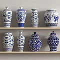 Blue and White Decorative Vases on Wooden Shelves with Floral Dragon Patterns and Various Designs