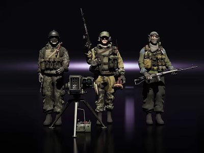 Detailed Game And Movie Military Characters With Tactical Gear Helmets Weapons And Tripod Equipment 3d model