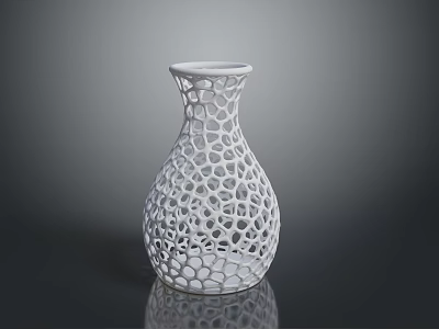 Green Plants In White Perforated Vase With Hollow Out Design On Black Surface 3d model