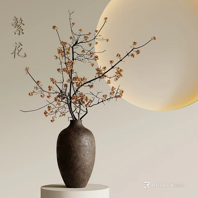 Textured Ceramic Vase With Minimalist Flower Branches And Soft Circular Lighting 3d model