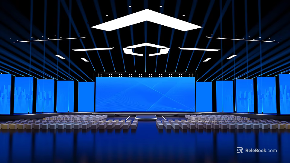 Modern Large Stage With Blue Background Screen Ceiling Lighting And Auditorium Seats 3d model 