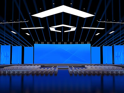 Modern Large Stage With Blue Background Screen Ceiling Lighting And Auditorium Seats 3d model