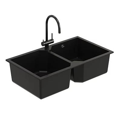 Black Double Bowl Kitchen Sink with Modern Faucet for Home Kitchen Use 3d model