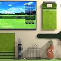Golf Course Simulator Screen With Green Putting Mats And Golf Clubs