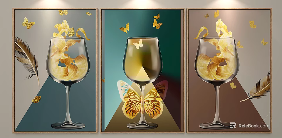 Decorative Triptych Wall Art Featuring Wine Glass With Golden Butterflies And Colorful Backgrounds 3d model 