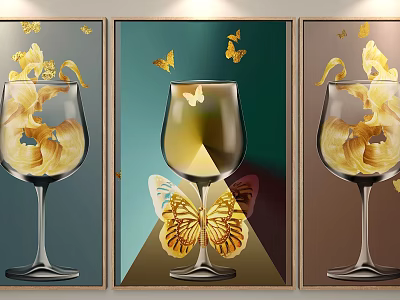 Decorative Triptych Wall Art Featuring Wine Glass With Golden Butterflies And Colorful Backgrounds 3d model