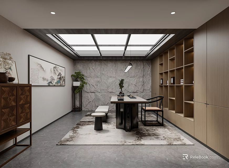 Traditional Tea Room Interior Design With Wooden Bookshelves Stone Wall Skylight Green Plants And Hanging Painting 3d model 