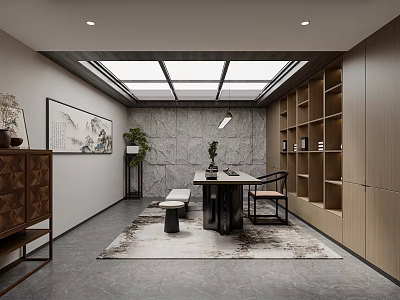 Traditional Tea Room Interior Design With Wooden Bookshelves Stone Wall Skylight Green Plants And Hanging Painting 3d model