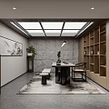 Traditional Tea Room Interior Design With Wooden Bookshelves Stone Wall Skylight Green Plants And Hanging Painting