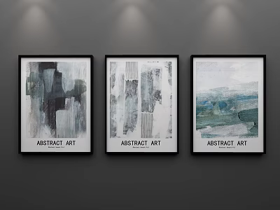 Three Framed Abstract Art Paintings Hanging On Gray Wall With Black Frames 3d model