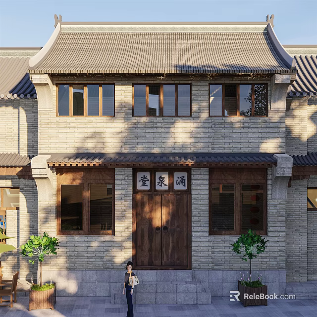 Traditional Chinese Commercial Street Featuring Brick Architecture Wooden Door Signboard And Greenery 3d model 