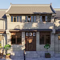 Traditional Chinese Commercial Street Featuring Brick Architecture Wooden Door Signboard And Greenery