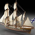 Sailing Ship Model With White Sails Wooden Brown And Green Hull And Blue Cross Flag