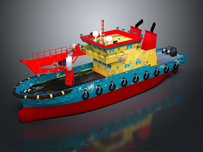 Colorful Tugboat With Yellow Upper Deck Red Crane Blue Hull And Black Lifebuoys 3d model