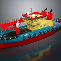 Colorful Tugboat With Yellow Upper Deck Red Crane Blue Hull And Black Lifebuoys