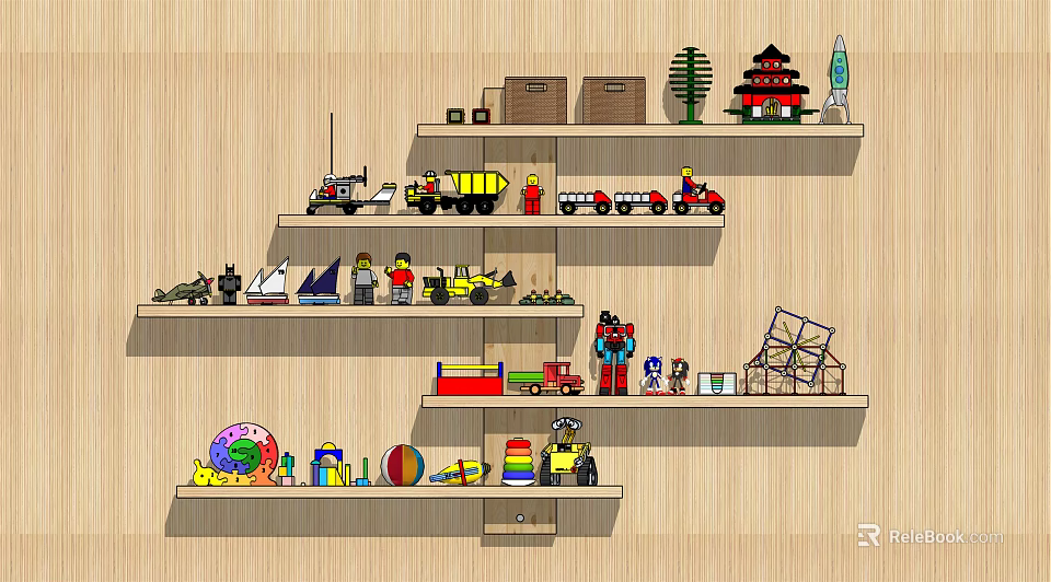Colorful Building Blocks Collection on Wooden Shelves with Vehicles Figures and Models 3d model 