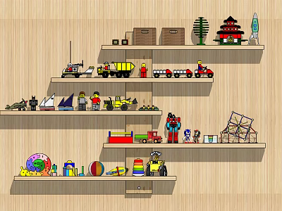 Colorful Building Blocks Collection on Wooden Shelves with Vehicles Figures and Models 3d model