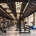 Modern Gym Interior With Fitness Equipment Treadmills And Ceiling Lighting