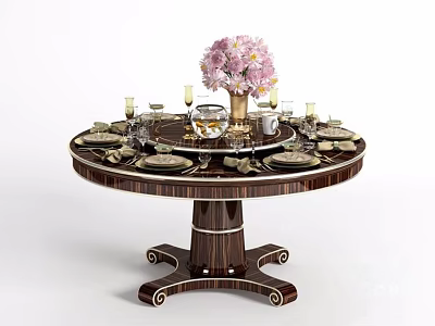 Round Dark Wooden Dining Table With Decorative Legs Pink Flower Bouquet And Tableware 3d model
